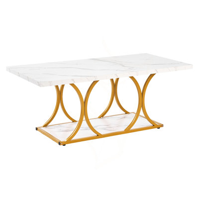 Table basse, table basse moderne en faux marbre, grand bureau central rectangulaire à 2 niveaux avec pieds géométriques, bureau d'appoint minimaliste robuste en métal pour salon, bureau, assemblage facile, blanc