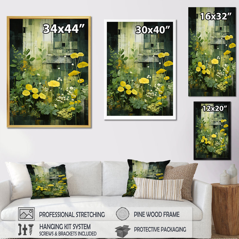 Plants Green Reverie Patchwork II - Floral Canvas Art Print, H 20 po x l 12 po x P 1 po, Encadrement doré