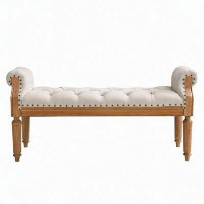 Banc rembourré en bois massif de style Mid-Century, banc de bout de lit avec accoudoirs roulés, repose-pieds capitonné à garniture cloutée classique, banc de fenêtre pour chambre à coucher, vestibule, placard, beige