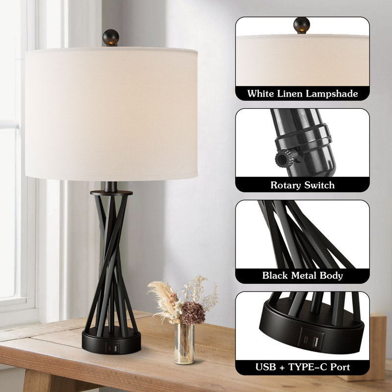 24" Modern Black Metal Table Lamp with USB Type-C Ports and Linen Shade, Black