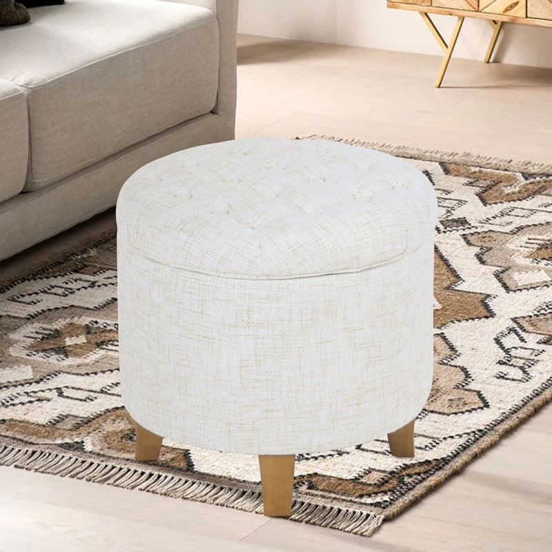 Repose-pieds rond capitonné avec rangement, Tissé texturé crème
