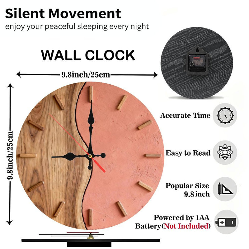 10" Round Wooden Wall Clock, Silent Quartz Movement, UV-Printed Design, Battery Operated, Coral Pink