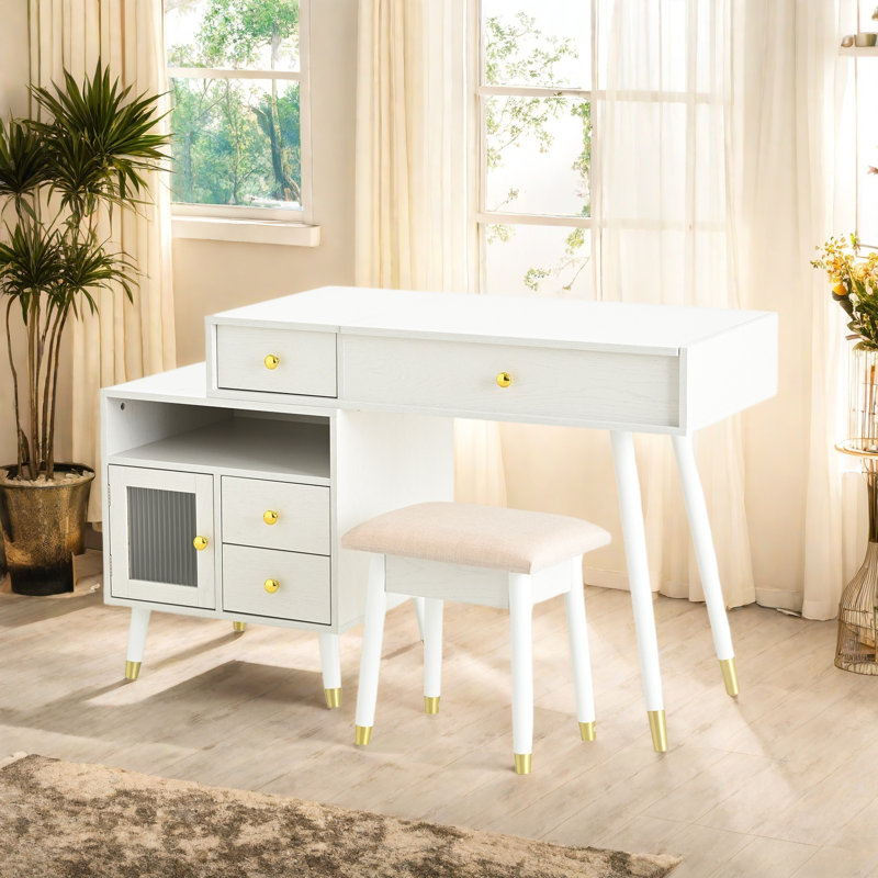 Meuble-lavabo 3 en 1 avec miroir lumineux, armoire réglable et tabouret - Table de maquillage compacte, Blanc
