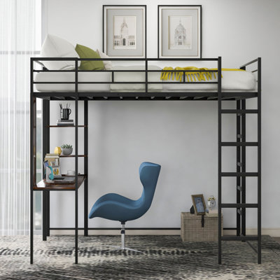 Lit mezzanine double en métal avec 2 tablettes et 1 bureau, noir (Ancien SKU: LP000191AAB)