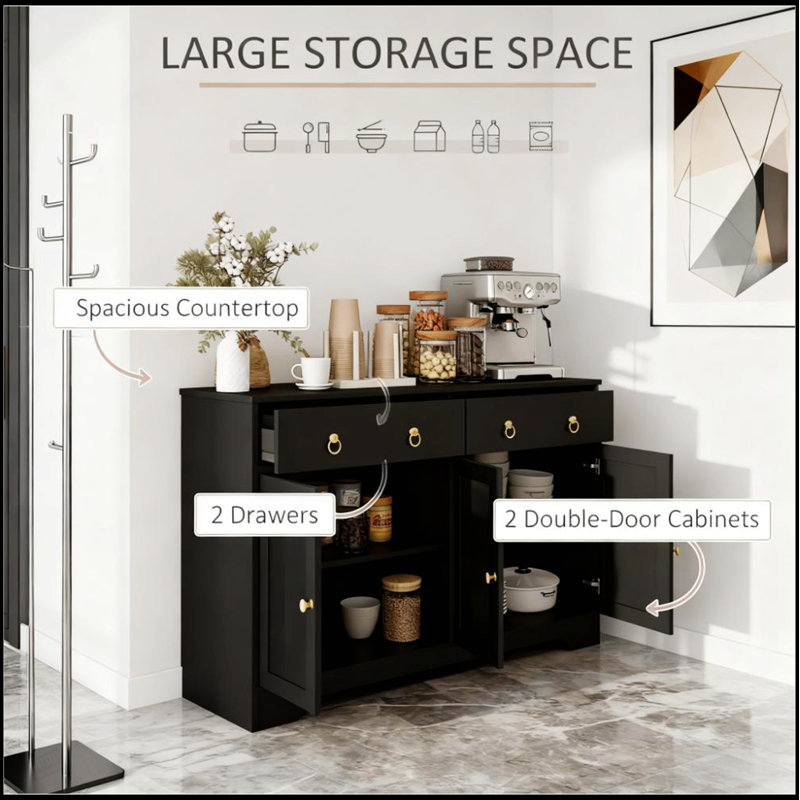 Buffet de rangement rustique de style grange avec tiroirs et armoires, parfait pour le décor et l'organisation d'une maison de campagne.