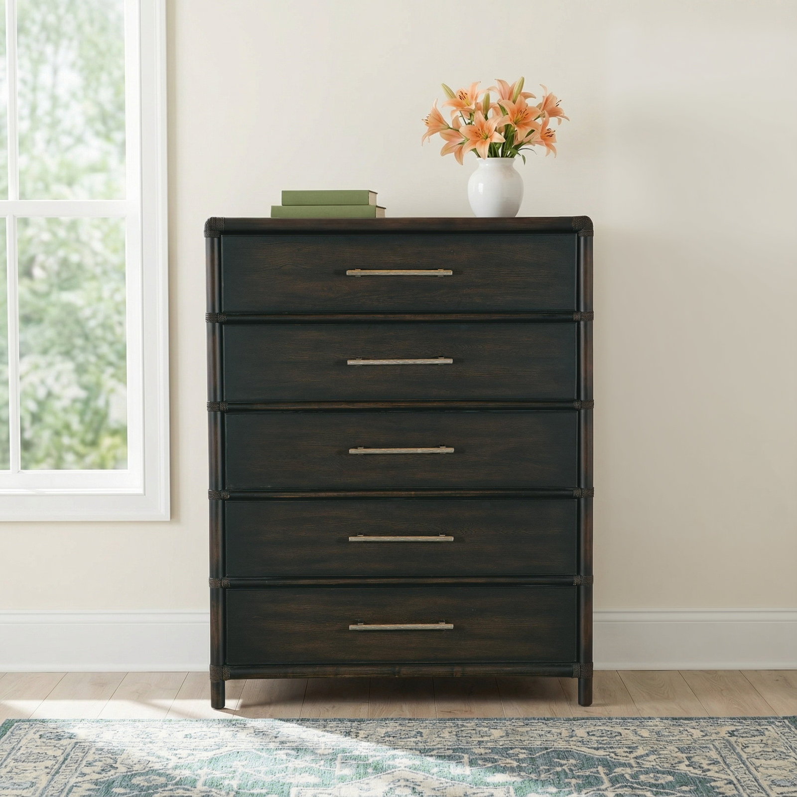 Bellmont 5 - Drawer Dresser, Dark Wood/Black Sand