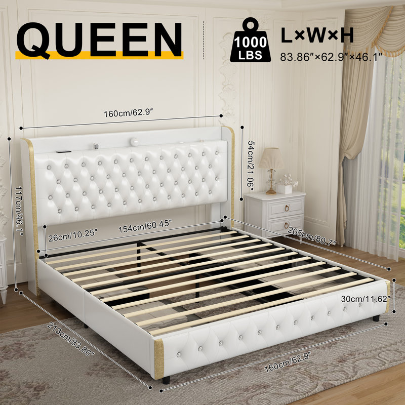 Wingback Modern Platform Bed With Galaxy Projector, 4 DustProof Storage Drawers, LED Bed Frame, USB Ports, No Box Spring Needed & Noise-Free Sturdy Wood Slats, Kiarri