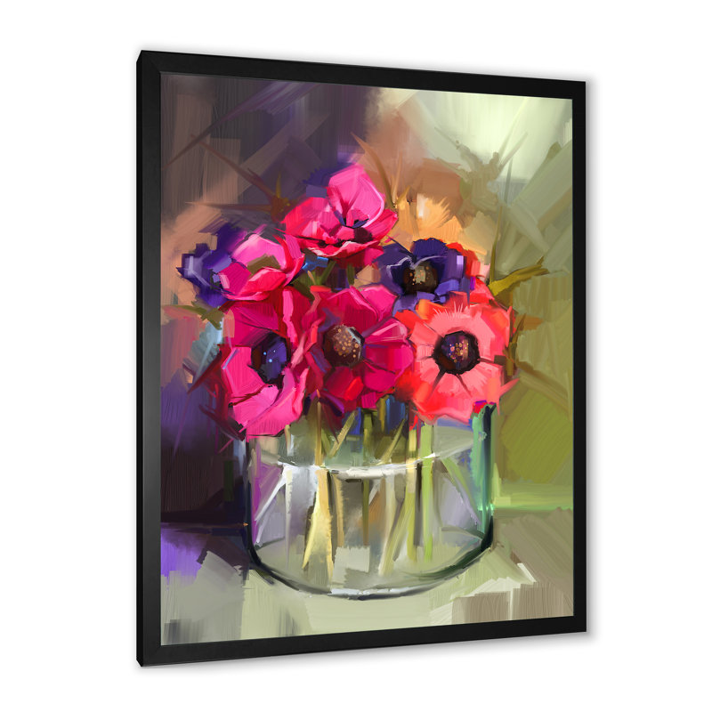 «Paint Brush Pink Spring Flowers Vase» - Art mural sur toile traditionnel, H 20 po x l 12 po x P 1 po, Cadre photo noir