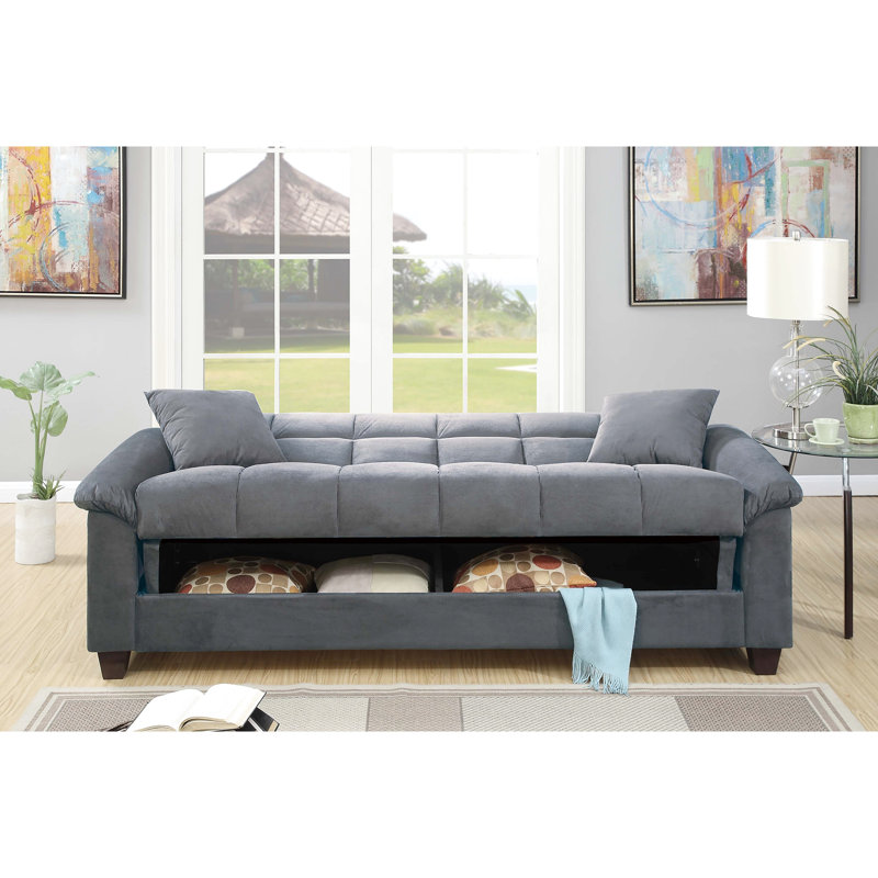 Microfibre grise avec fonction réglable, rangement intégré, rangement dissimulé et coussins décoratifs pour le futon