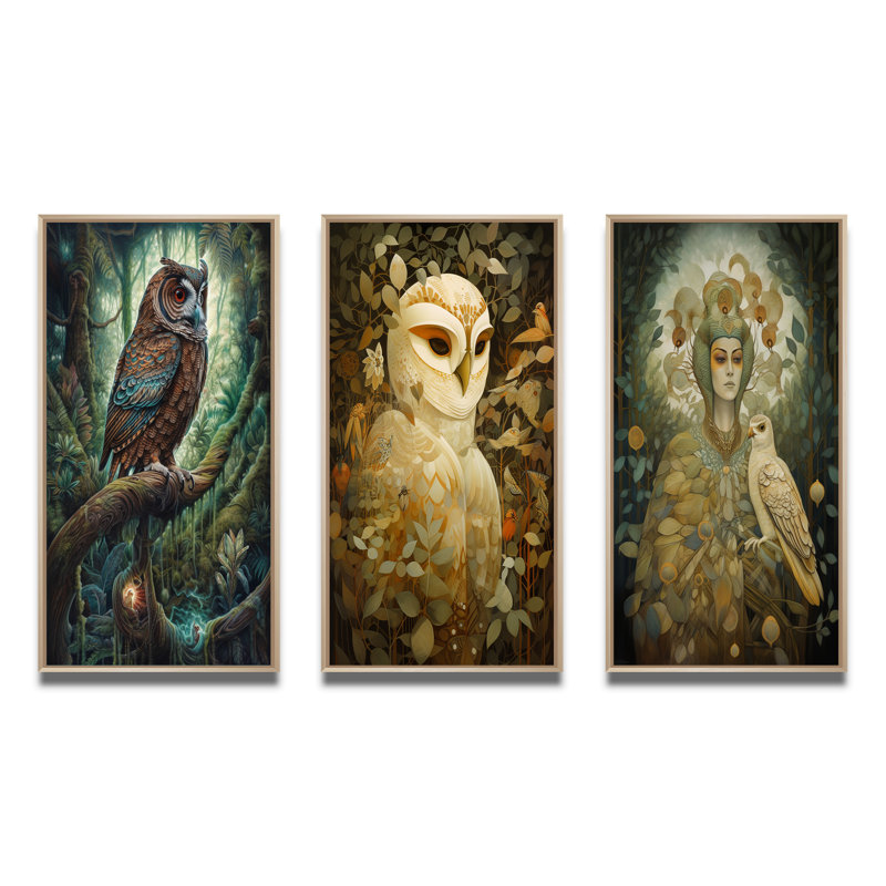 «Portrait of Wise Owl In The Forest», 3 pièces sur toile, Encadrement brun, H 28 po x l 36 po