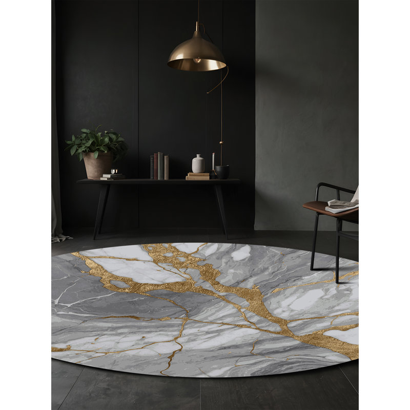 Machine Washable Gray Area Rug, Round 6'