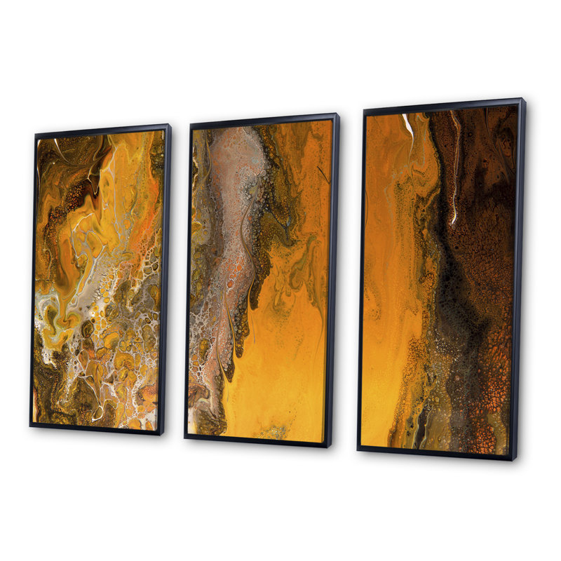 «Orange Orange» et «Marble Black Landscape II», peinture sur toile flottante 3 pièces, Cadre noir, H 28 po x l 36 po x P 1 po