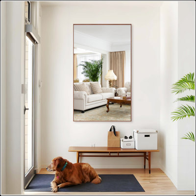 Oversized Modern Rectangle Bathroom Mirror With Walnut And Aluminum Frame, Perfect For Clear Reflections And Versatile Mounting Options