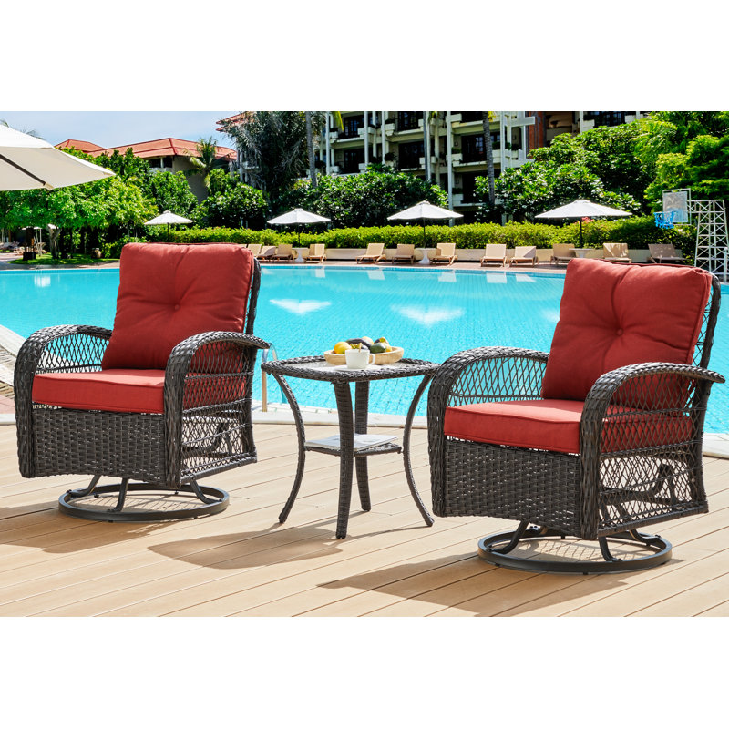 Kaycey 3-Piece Outdoor Rattan Swivel Glider Seating Group with Cushions , Wine Red