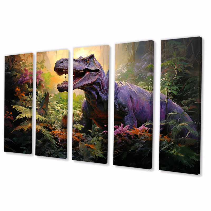Dinosaure préhistorique dans la jungle - ensemble d'art mural 5 pièces, H 32 po x l 80 po