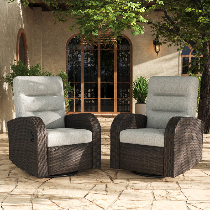 Wicker Outdoor Swivel Recliner Chair Set Of 2, Light Brown Cushion/Brown Frame