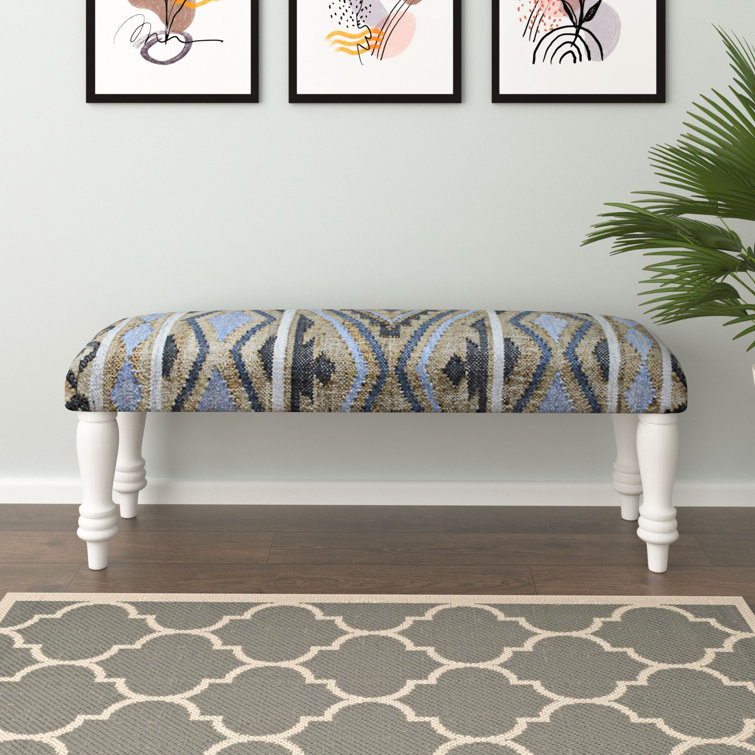 Hui Blue/Tan Brown Geometric Striped Upholstered Accent Bench