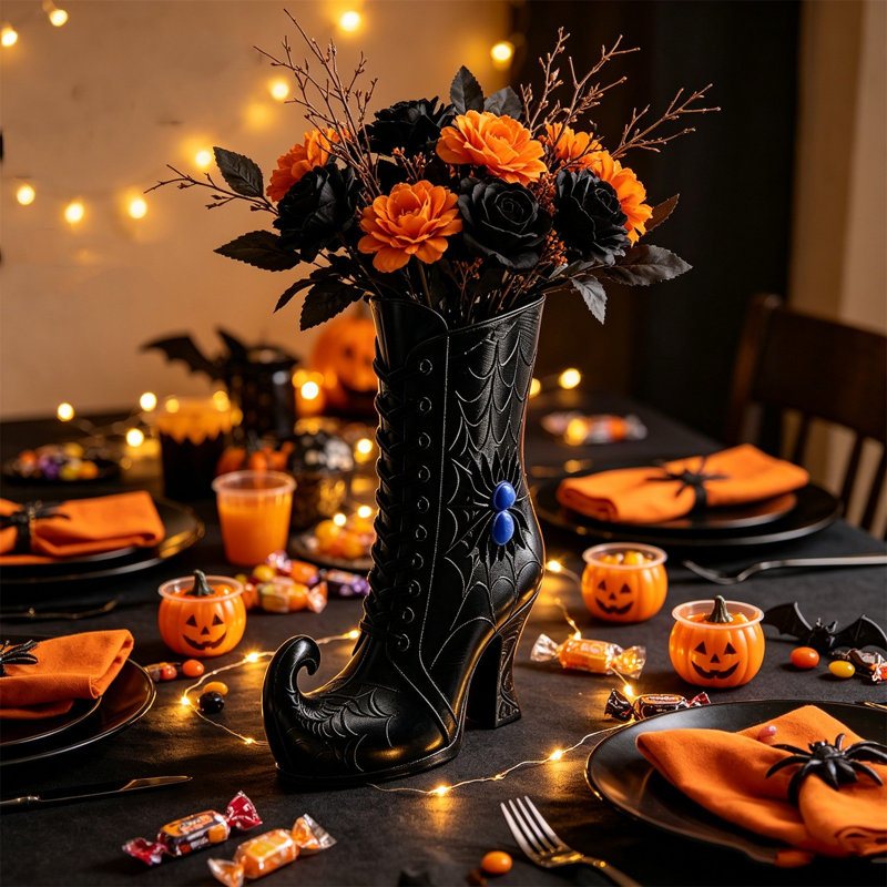Vase de botte de sorcière gothique imprimé fleur de centre de table d'Halloween décorative pour foyer, Noir