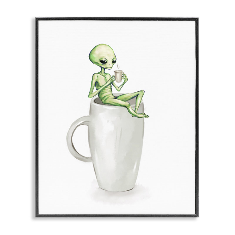 Art «Alien & Coffee» par Ziwei Li, H 30 po x l 24 po, Giclée encadrée noir minuit