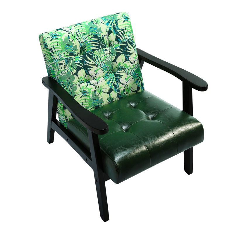 Floral Print Features Tufted Artificial Leather Mid-century Modern Accent Armchair, Green