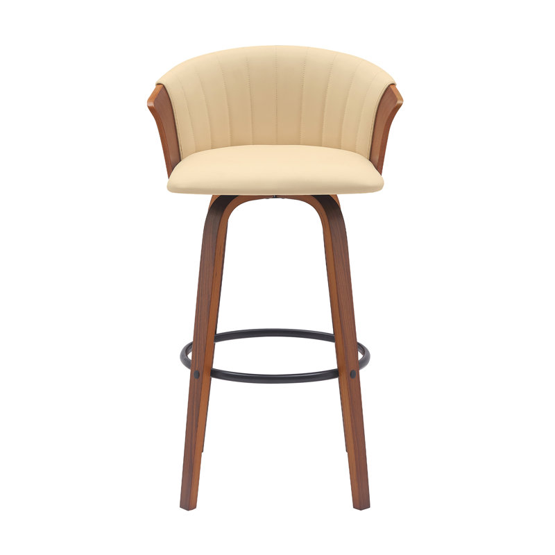 30" Swivel Walnut Wood Bar Stool In Cream Faux Leather