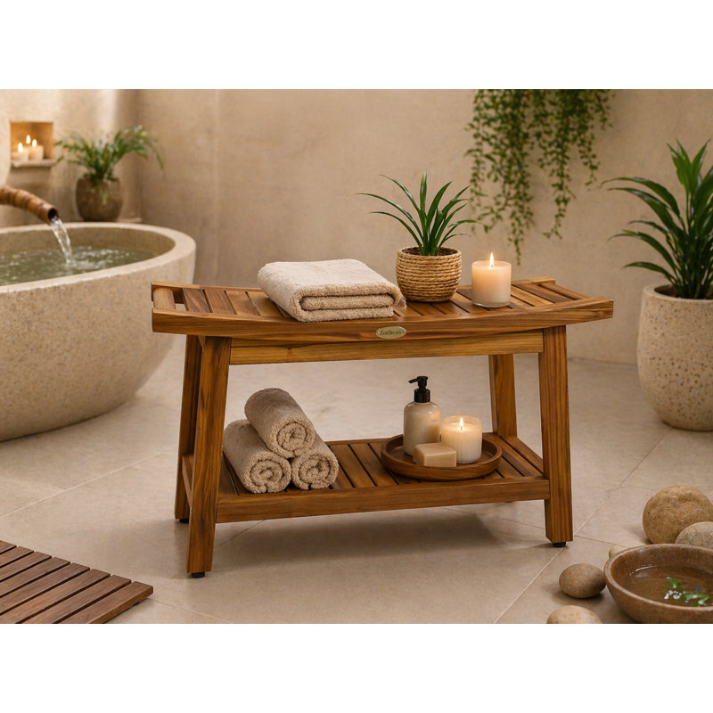  Harmony Gold Teak Bench for Shower 30 Inch, Waterproof Teak Wood Shower Bench - Bath Seat with Shelf, 300 lb Capacity, Slip Resistant Feet, Large Luxury for Home Spa Sauna Bathroom