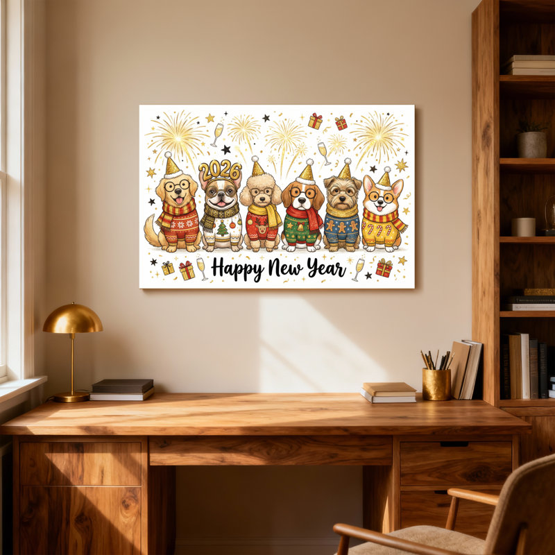 Animaux mignons chiens en chandails célébrant le Nouvel An, H 28 po x l 40 po