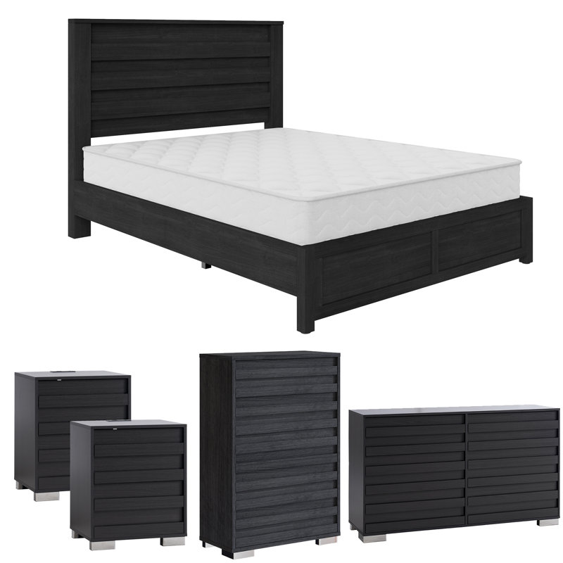  Ensemble de chambre à coucher avec lit double 5 pièces Louby, noir, Noir, Double
