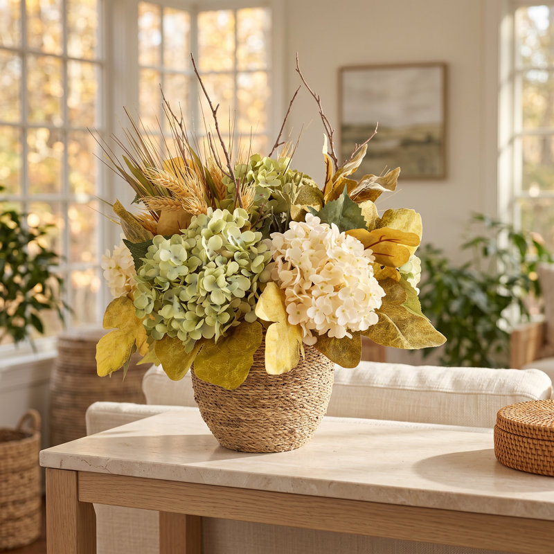 Arrangement d'automne avec hortensias et chardon dans un pot enveloppé de corde