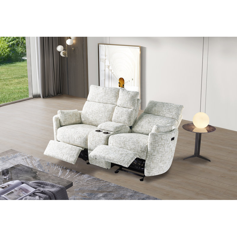 Elegant Upholstered Tweed Fabric Dual Power Recliner Loveseat Sofa With Cup Holder & Storage Console, White