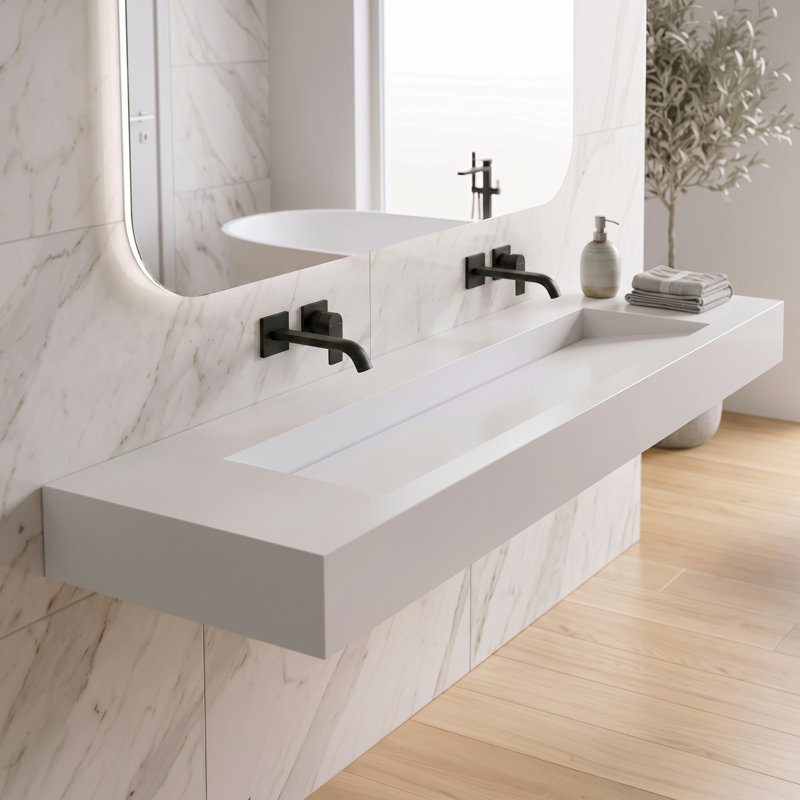 Pyramid 72" Wall Mounted Rectangular Solid Surface Bathroom Trough Sink in Matte Finish - White, With Faucet Holes, White