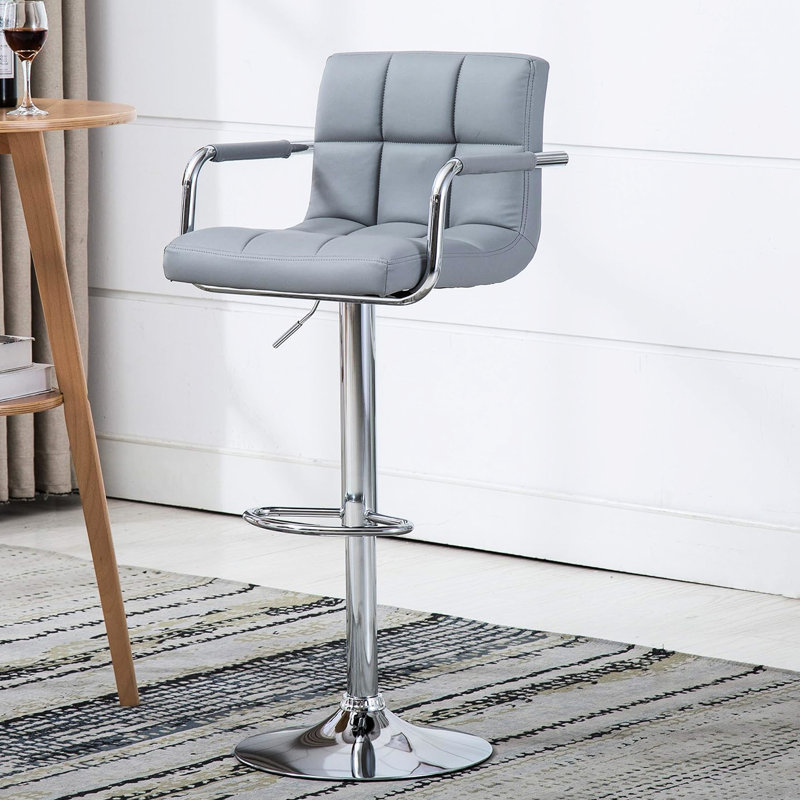 Contemporary Swivel Arm Bar Stool In Gray, 24" - 33" Adjustable, 360 Rotation, Comfortable Seating Gray Padded Adjustable Stool, Function, Metal Pedestal Base For Modern Decor