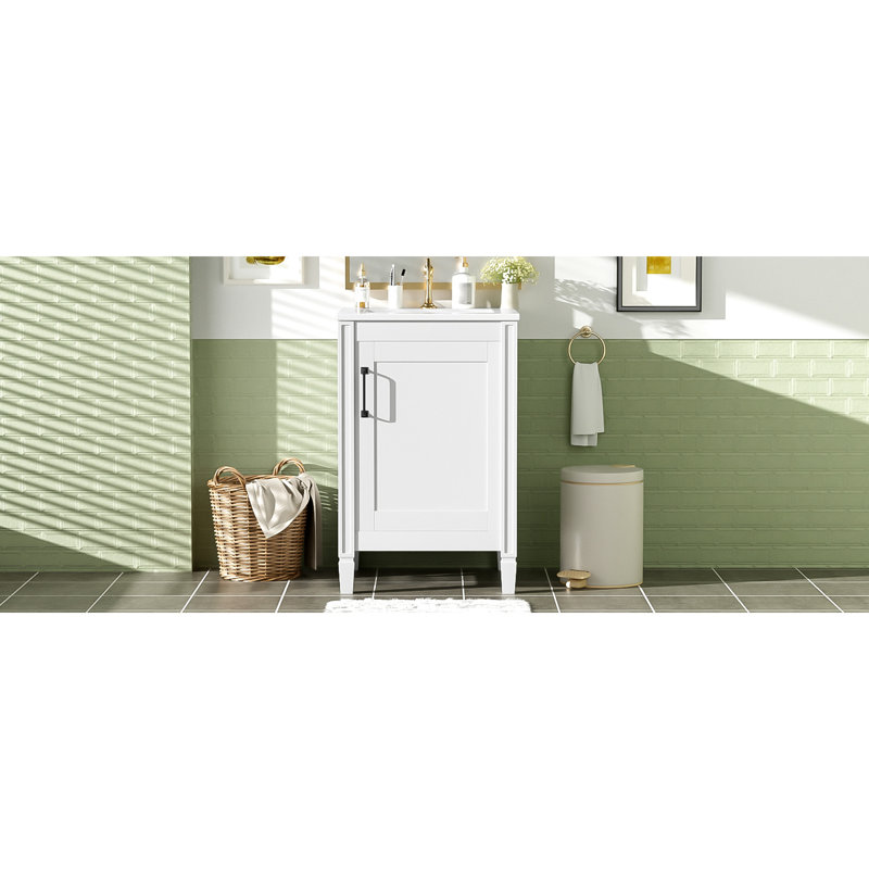 Meuble-lavabo blanc de 20 po avec lavabo en céramique, support de porte et mouvement coulissant pour rangement quotidien moderne