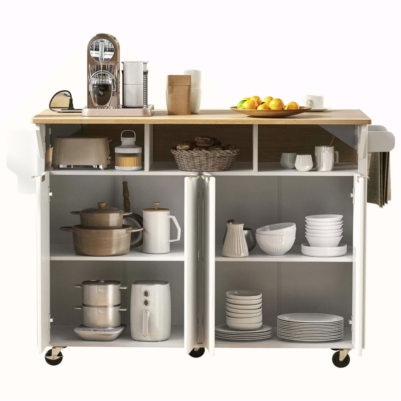55.5" Fluted Kitchen Island With 2 Drop Leaf, Kitchen Storage Cart With Power Outlet, 4 Doors, Spice Rack, Rolling Island Table With Wood-Grain Top, Curved Edge For Kitchen, Dining Room