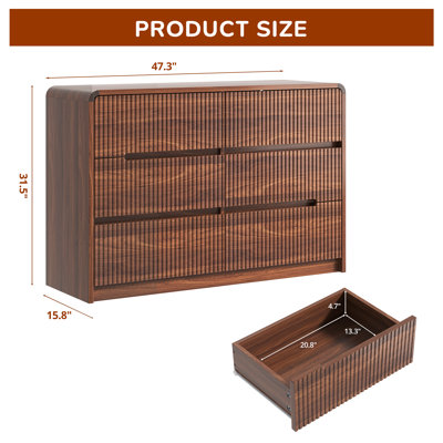 Ato  47.3" W 6 Drawer Mid-Century Modern, Wooden Double Dresser with Curved Profile and Fluted Design