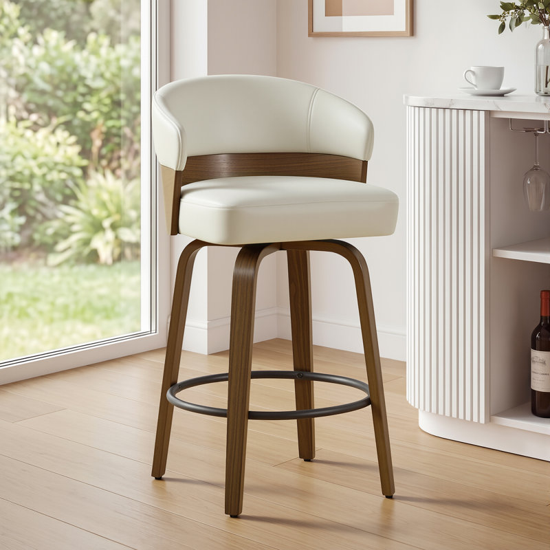 Mid-Century Modern Walnut Bentwood Swivel Bar Stool With Thick Cushioned Seat & 350 Lbs Capacity, Beige
