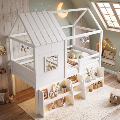 Lit mezzanine avec escalier de rangement pour enfants AVELOR, conception fantaisiste et solution de sommeil sécuritaire