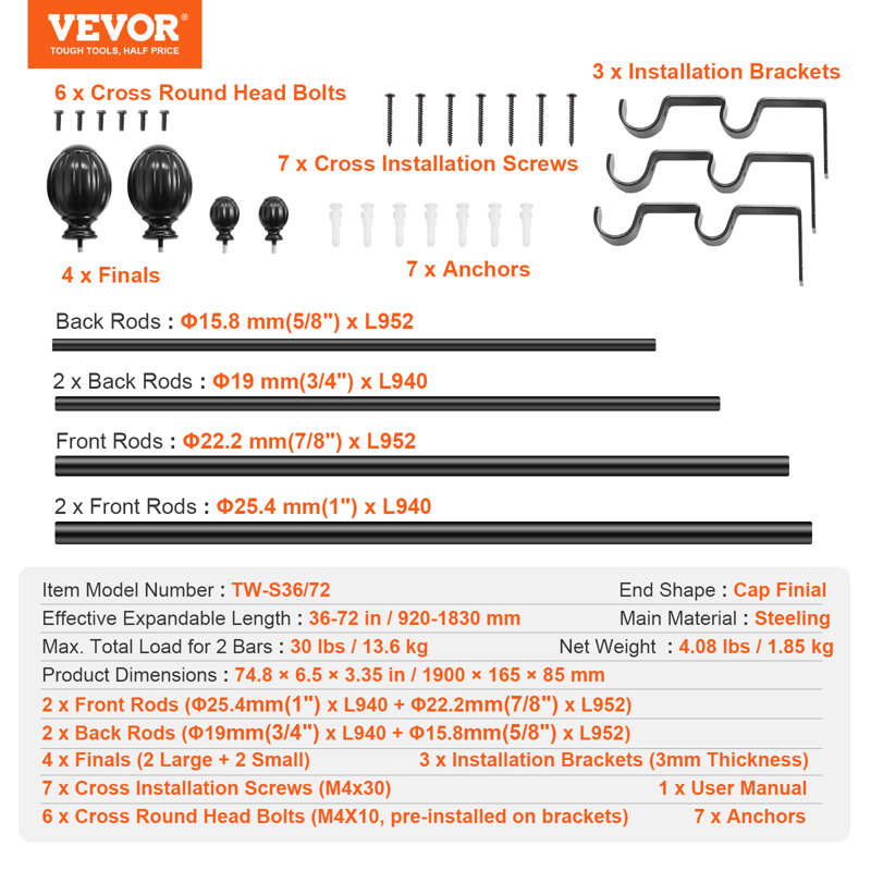 Steel Adjustable 91.4cm to 182.9cm Double Curtain Pole