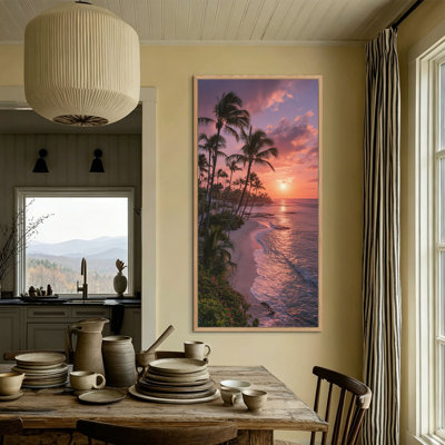  Extra Large Vertical Framed Tropical Canvas Wall Art Palm Tree Beach Sunset Coastal Print Vibrant Serene Scene Artistic Statement Canvas Wall Art for Living Room Bedroom Office 24x48"