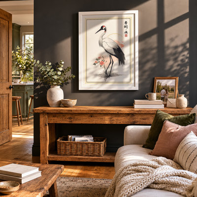 Crane with Blossoms Japandi - Framed Print