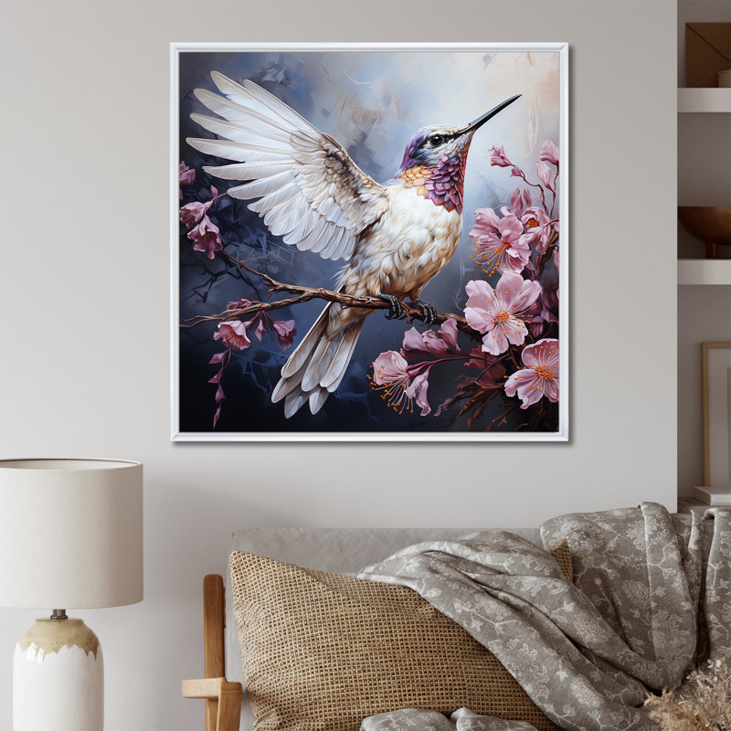Humminbirds floral Whimsical Whisper 1 II - Hummingbird, reproduction d'art sur toile, Cadre flottant blanc