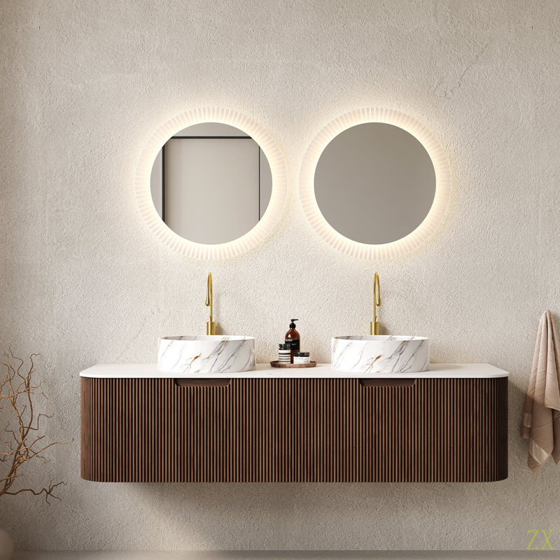 Meuble-lavabo de salle de bain 60 po avec éviers, 2 tiroirs, 2 lavabos en céramique avec motif de pierre, pré-assemblé, 60"