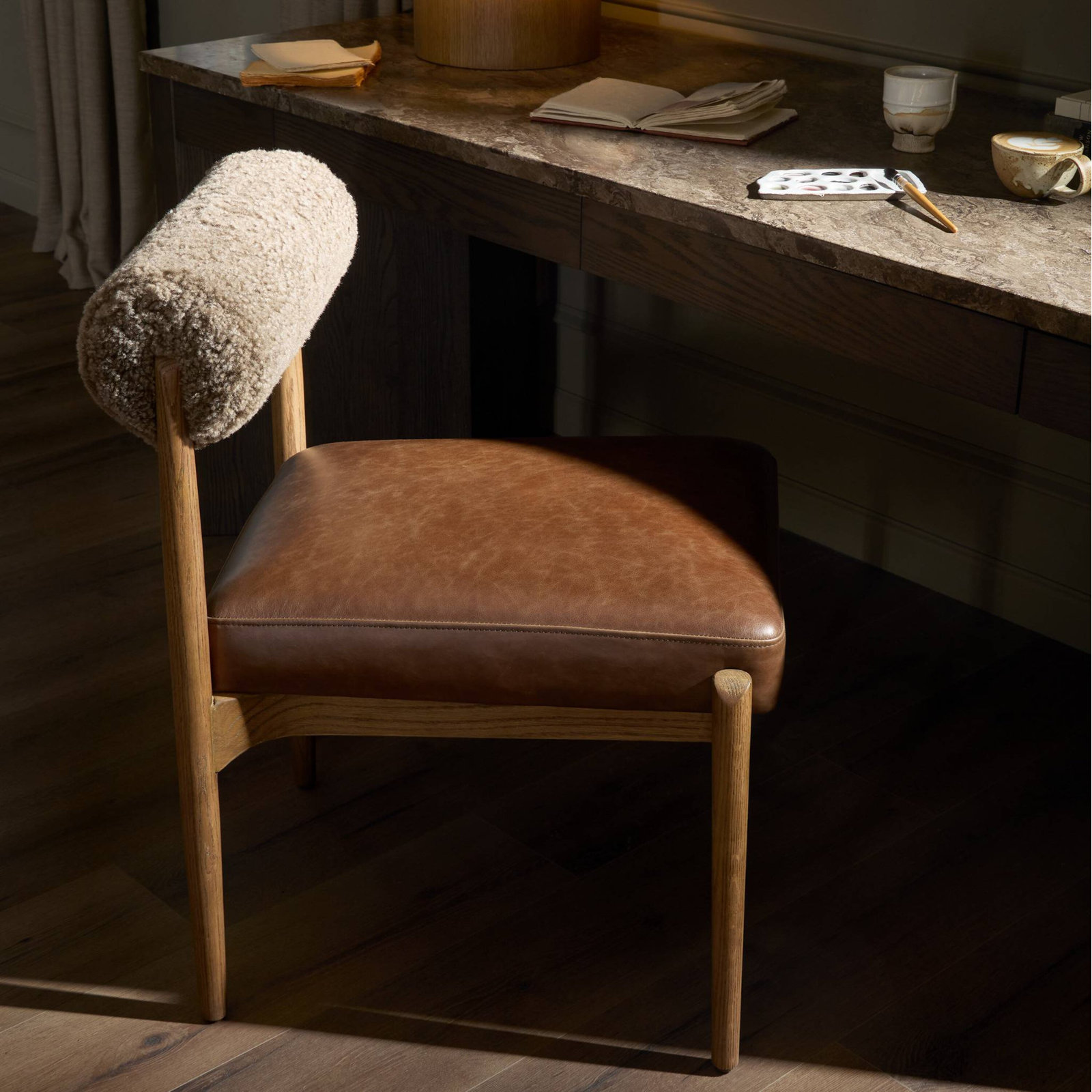 Nonie Genuine Leather Oak Dining Chair, Havana Brown Teddy Fabric