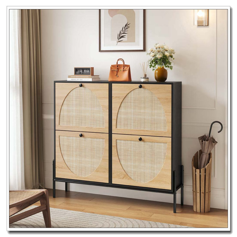 Armoire à chaussures en rotin avec 4 portes rabattables, Chêne