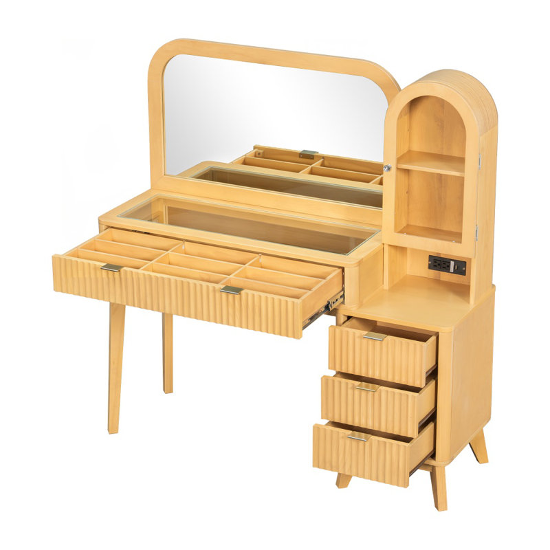Meuble-lavabo cannelé 48 po avec grand miroir, plateau en verre, 4 tiroirs et armoire arquée, coiffeuse