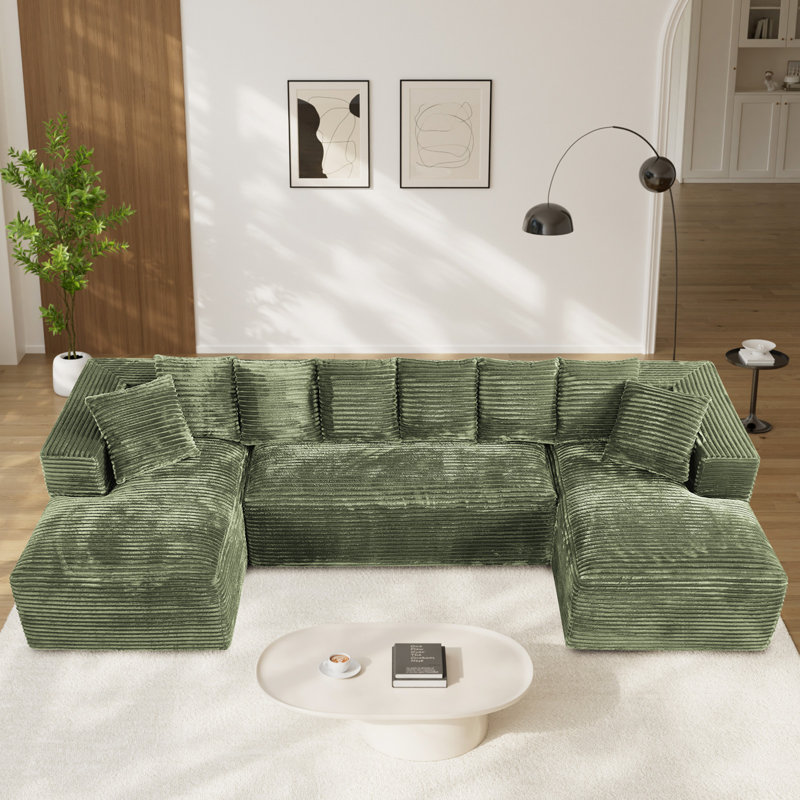 Canapé modulaire surdimensionné avec coussins Adame Boneless Compression, Velours côtelé vert, En form de U, Symétrique