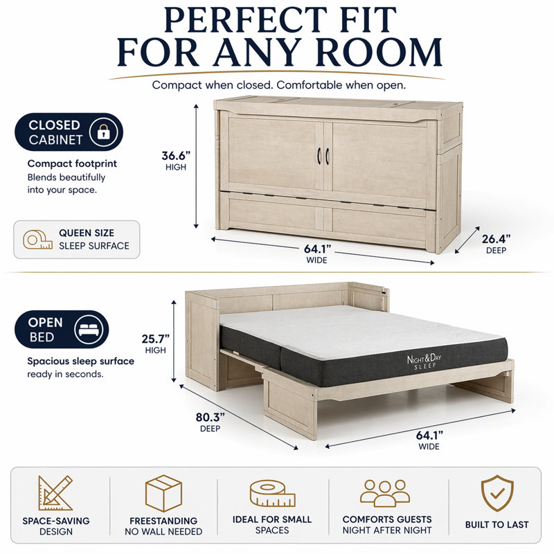 Lit escamotable Night & Day Furniture avec matelas en mousse à mémoire de forme de 15 cm, format Queen, couleur Ivoire Provence
