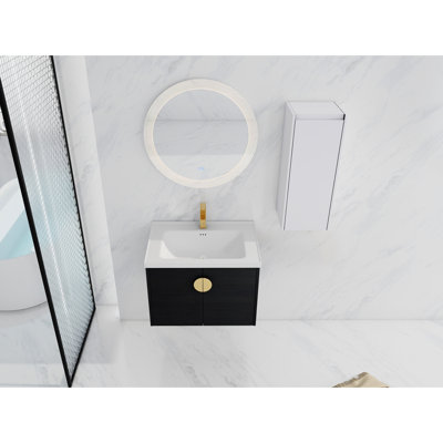 Meuble-lavabo de salle de bain avec lavabo en céramique et compartiment latéral - Châtaignier noir
