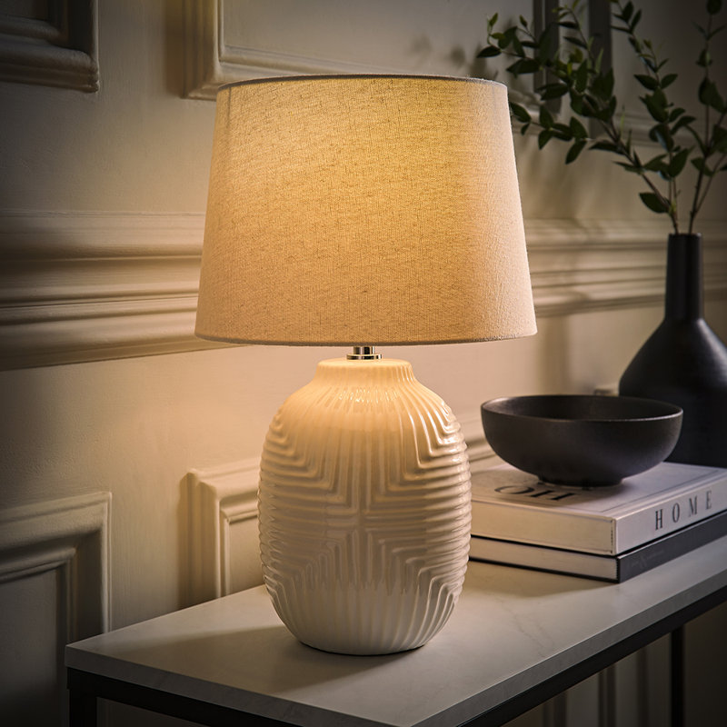 Harrison Tapered Lamp Shade Geometric Ribbed Pattern Gloss Small Table Lamp, Yes, 41cm H x 25cm W x 25cm D, White