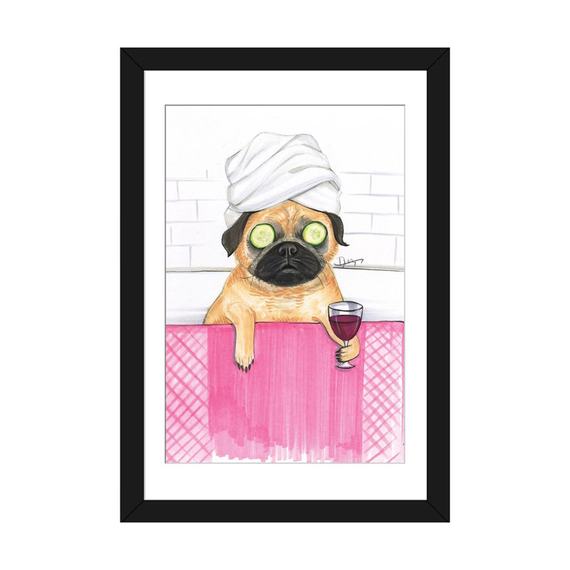 «Pug Bath», reproduction sur toile, Papier avec cadre noir, H 24 po x l 16 po x P 1 po, Blanc